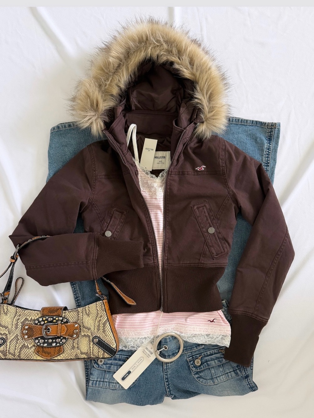 Hollister Brown Faux Fur Hood Cropped Bomber
Jacket